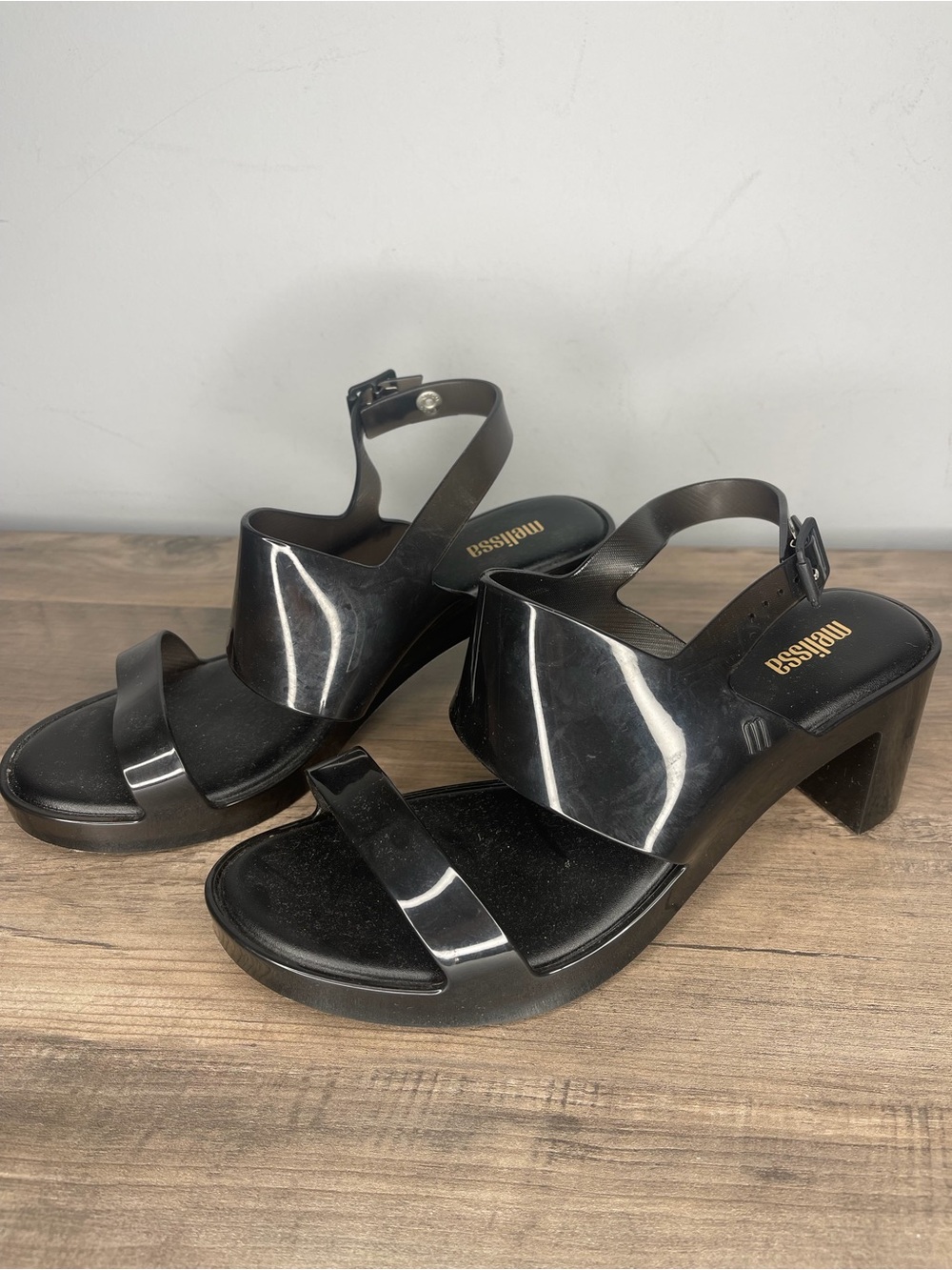 Ladies black shiny Melissa wedge heels sandals sz 7